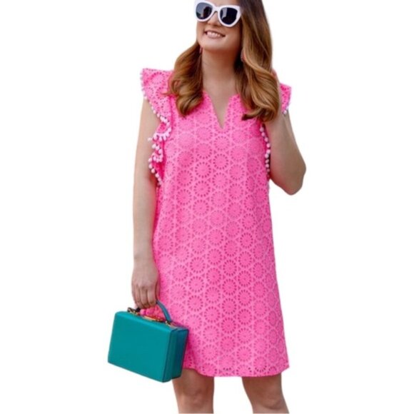 Lilly Pulitzer Dresses & Skirts - Lilly Pulitzer Dress Women’s Size Small Neon Pink White Pompom Eyelet Astara